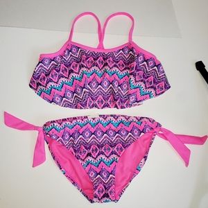 Girls 2 piece bikini size 12 hot pink and blue ties at the sides